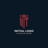 logotipos de monograma inicial mt con diseño de forma de espada y escudo vector