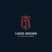 CX initial monogram logos with sword and shield shape design vector