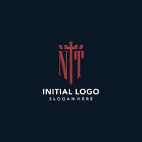 NT initial monogram logos with sword and shield shape design vector