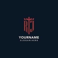 RJ initial monogram logos with sword and shield shape design vector