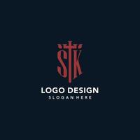 SK initial monogram logos with sword and shield shape design vector