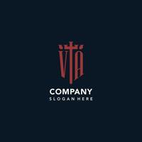 VA initial monogram logos with sword and shield shape design vector