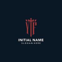 YF initial monogram logos with sword and shield shape design vector