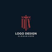 DX initial monogram logos with sword and shield shape design vector