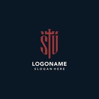 SU initial monogram logos with sword and shield shape design vector