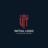 QT initial monogram logos with sword and shield shape design vector