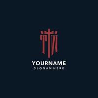 TW initial monogram logos with sword and shield shape design vector