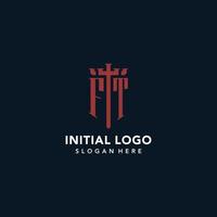 FT initial monogram logos with sword and shield shape design vector