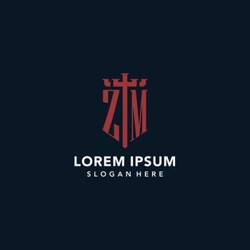 logotipos de monograma inicial zm con diseño de forma de espada y escudo vector