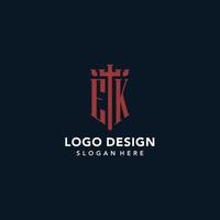 EK initial monogram logos with sword and shield shape design vector