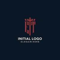 ET initial monogram logos with sword and shield shape design vector