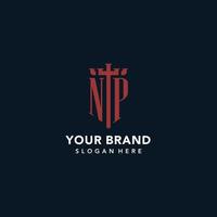 NP initial monogram logos with sword and shield shape design vector