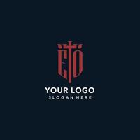 EO initial monogram logos with sword and shield shape design vector