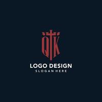 QK initial monogram logos with sword and shield shape design vector