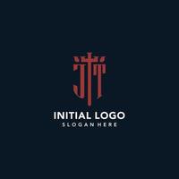 JT initial monogram logos with sword and shield shape design vector