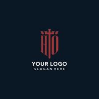 logotipos de monograma inicial ho con diseño de forma de espada y escudo vector