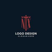 NX initial monogram logos with sword and shield shape design vector