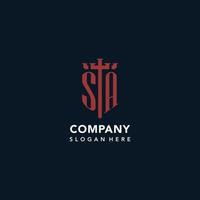 SA initial monogram logos with sword and shield shape design vector