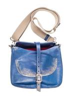 open blue leather handbag with textile strap photo