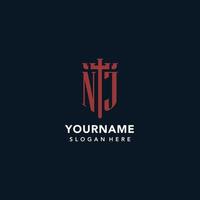 NJ initial monogram logos with sword and shield shape design vector