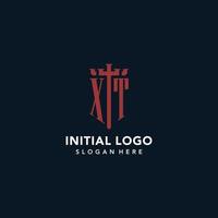 XT initial monogram logos with sword and shield shape design vector