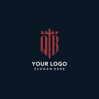 logotipos de monograma inicial qb con diseño de forma de espada y escudo vector