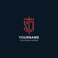 SJ initial monogram logos with sword and shield shape design vector