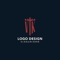 VK initial monogram logos with sword and shield shape design vector