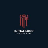DT initial monogram logos with sword and shield shape design vector