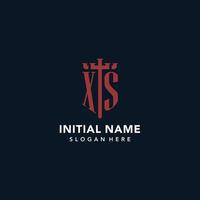 XS initial monogram logos with sword and shield shape design vector
