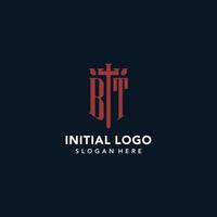 BT initial monogram logos with sword and shield shape design vector