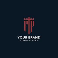 FP initial monogram logos with sword and shield shape design vector