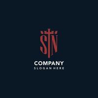 SN initial monogram logos with sword and shield shape design vector