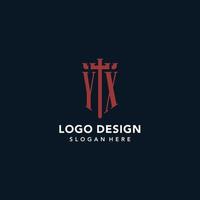 YX initial monogram logos with sword and shield shape design vector