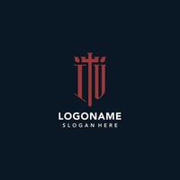 logotipos de monograma inicial iu con diseño de forma de espada y escudo vector