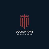 RU initial monogram logos with sword and shield shape design vector