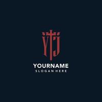 YJ initial monogram logos with sword and shield shape design vector