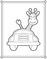 linda jirafa conduciendo un automóvil adecuado para la ilustración vectorial de la página de coloreado de los niños vector
