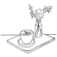 Line art minimal of latte coffee with flower in hand drawn concept for decoration, doodle style vector