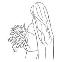 Line art minimal of woman holding bouquet flower in hand drawn concept for decoration, doodle contemporary style vector