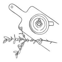 Line art minimal of latte coffee with flower in hand drawn concept for decoration, doodle style vector