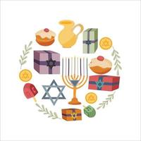 Square greeting card or postcard template with Happy Hanukkah lettering and holiday symbols and attributes - menorah, sufganiyah doughnuts, olive branch. Vector illustration