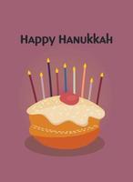 Greeting card or postcard template with Happy Hanukkah lettering and holiday symbols and attributes - menorah, sufganiyah doughnuts, olive branch, dreidels. Vector illustration