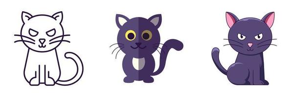 elementos de halloween el conjunto de iconos vectoriales de gato negro se dibuja en línea, plano y estilos de dibujos animados. perfecto para aplicaciones, libros, artículos, tiendas, tiendas, anuncios vector