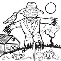 A pumpkin-faced scarecrow uses a tuxedo on a field with a coffin. vector