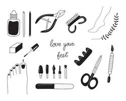 Pedicure tools and products doodle vector illustration set. Isolated on white background.