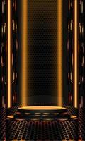 Realistic abstract 3D vector room metal stand podium showroom cyber futuristic technology orange light wall scene stage product display