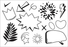 hand drawn set element,black on white background.arrow,leaves,speech bubble,heart,light,king,star,check mark,swirl,for concept design. vector