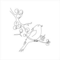 A cute bird sits on a branch with rowan berries drawn in doodle style. Sketch. Continuous line drawing art. Vector illustration.