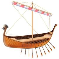 Drakkar. Viking rowing Ship in realistic style. Norman ship sailing. Colorful vector illustration isolated on white background.